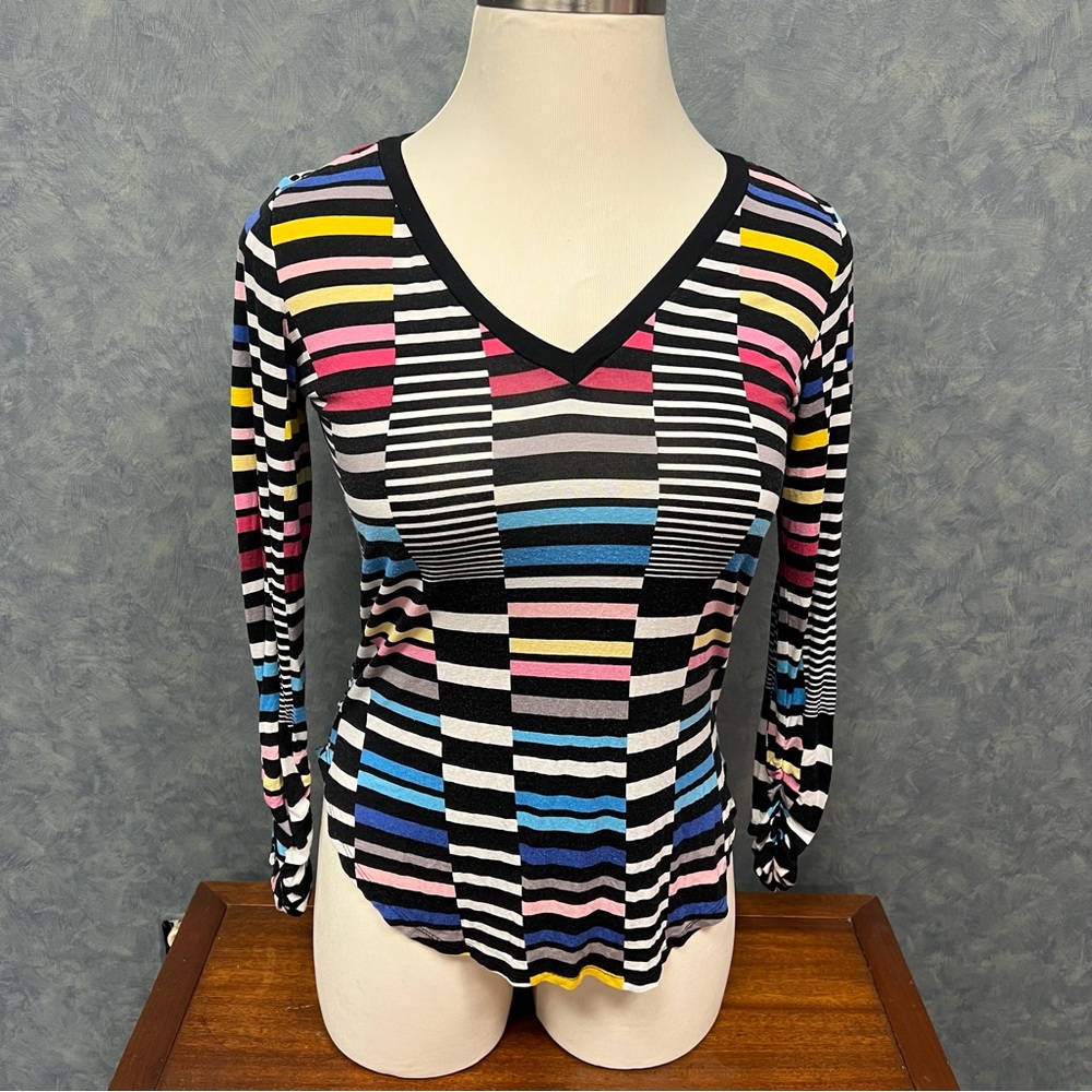 Bisou Bisou by Michele Hohbot Striped Multicolor V-Neck Top Womens Large Y2K
